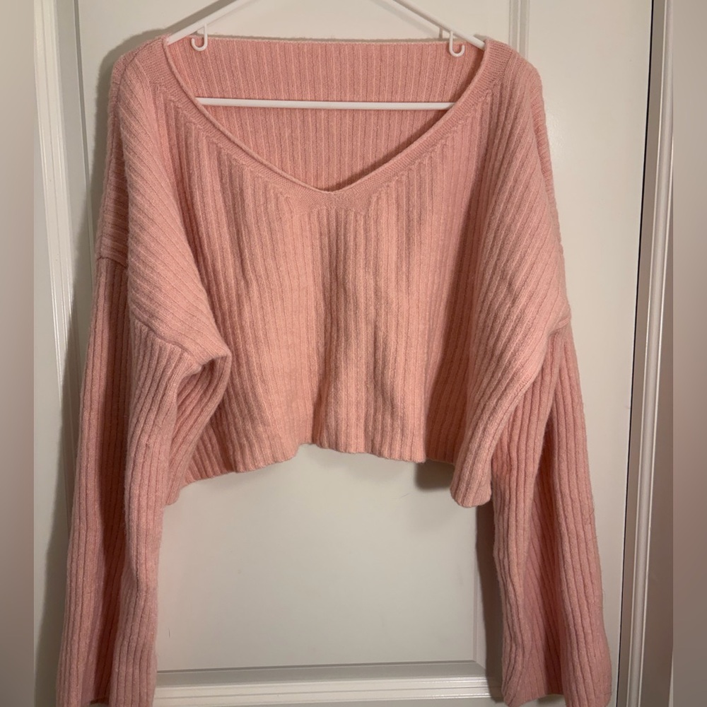 Cozy Pink Ribbed V-Neck Sweater